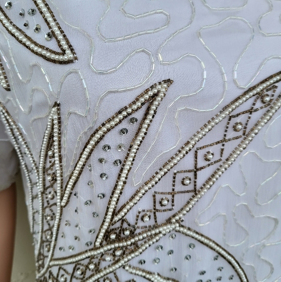 Vintage White and Taupe Beaded Cocktail Dress - Picture 3 of 10